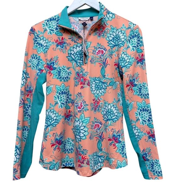CABANA LIFE Womens Golf Top Small Pink Tropical Print 1/4 Zip Long Sleeve NWT - Picture 1 of 12
